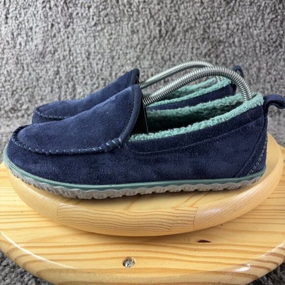LL Bean Mountain Moccasin Slippers Womens 8 Blue Suede Slip On Fleece Lined - Picture 1 of 8